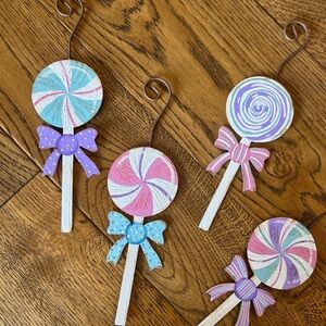 Colorful Pastel Lollipop Metal Ornaments with Bows Set of 4
